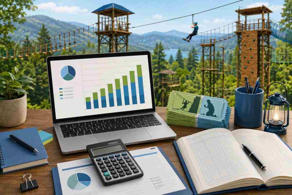 Blue Raider Adventure Park Accounting setup with laptop revenue charts, calculator, and ledger book