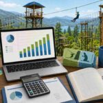 Blue Raider Adventure Park Accounting setup with laptop revenue charts, calculator, and ledger book