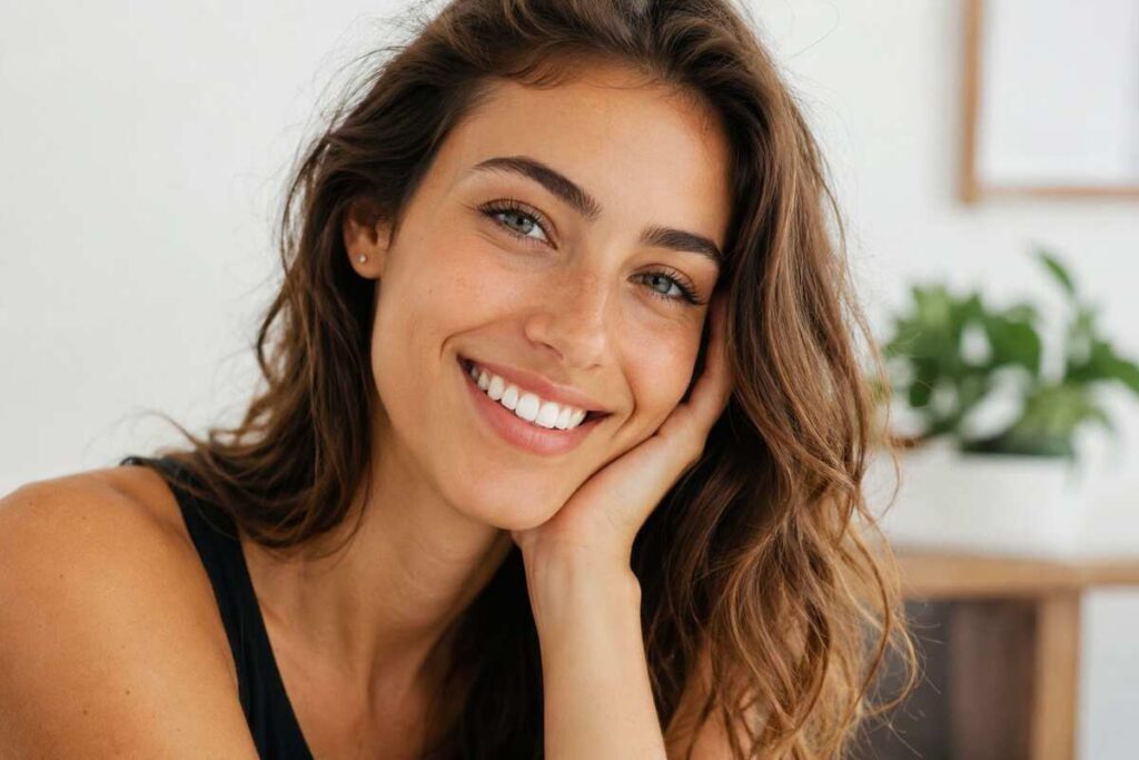 Woman with a healthy, natural smile after daily BrassSmile care