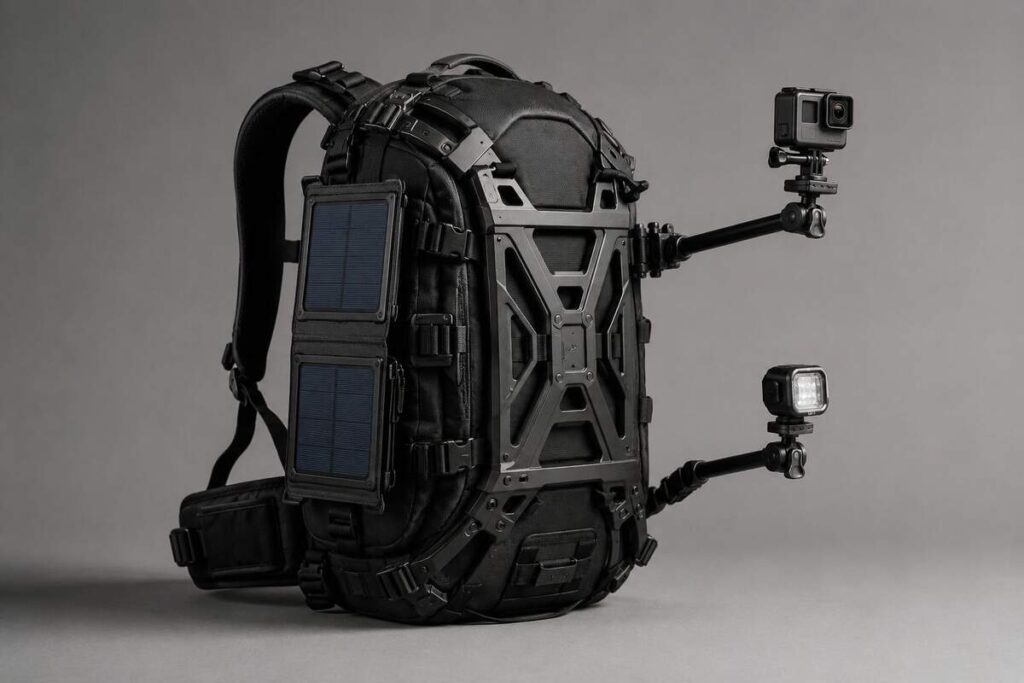 Coalax Lancer 300 Power Backpack Combo concept showing solar panel and dual camera mounting arms