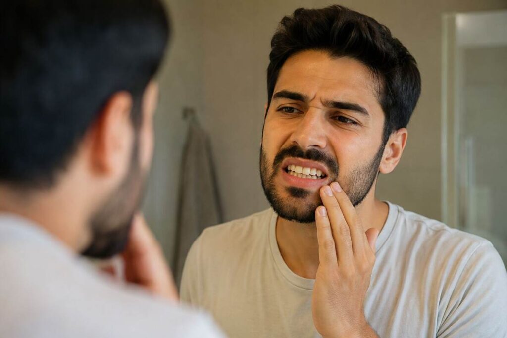 Man checking teeth for signs he may need grinded teeth repair
