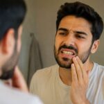 Man checking teeth for signs he may need grinded teeth repair