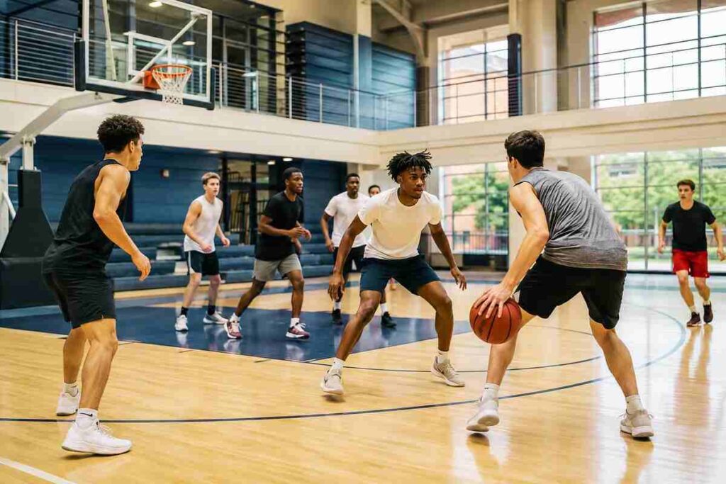 LUSV Basketball players in a defensive drill on court
