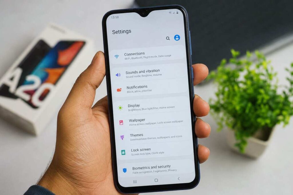 Samsung Galaxy A20 menu screen showing Settings on the phone display