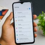 Samsung Galaxy A20 menu screen showing Settings on the phone display