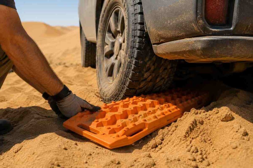 Sandlader placed under a stuck 4x4 tire for vehicle recovery