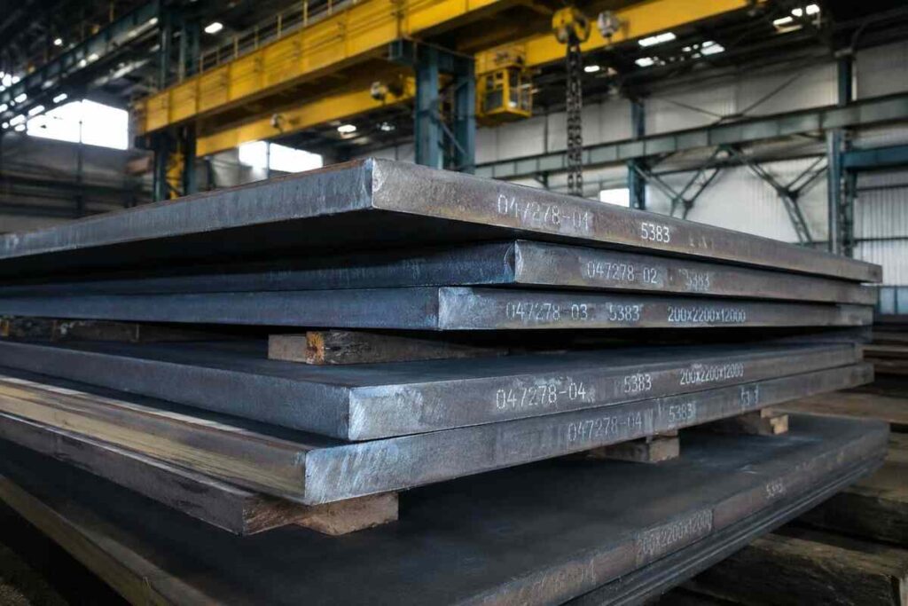 StE500 steel plate stacked in industrial warehouse