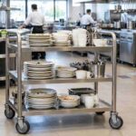 Stainless steel afruimwagens clearing trolley loaded with dirty dishes in a restaurant kitchen