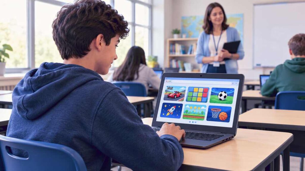 Student using a school laptop to browse Classroom 15x games while a teacher supervises in the background