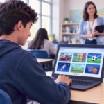 Student using a school laptop to browse Classroom 15x games while a teacher supervises in the background