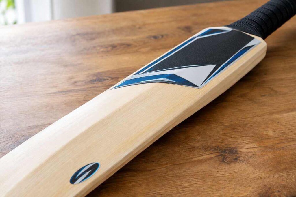 Cricket bat stickers applied to the blade face and toe on a willow bat