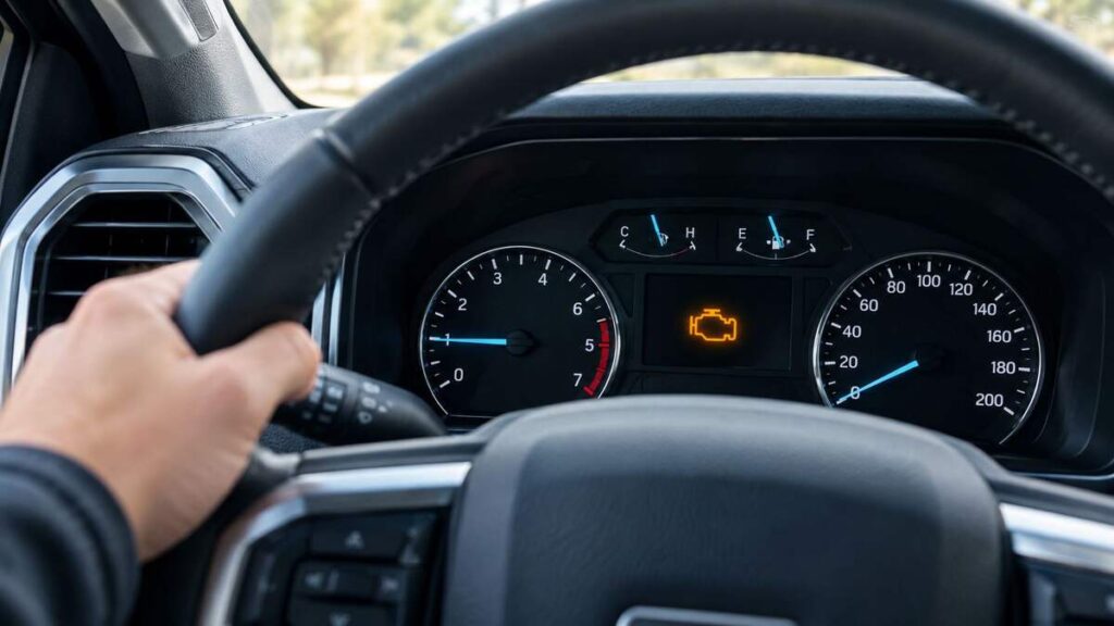 Ford check engine light glowing amber on the instrument cluster while a driver holds the steering wheel