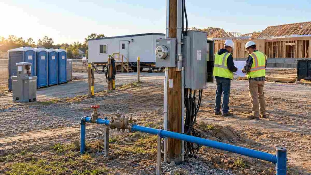 How to set up utilities on a construction site: temporary power pole, water line, and portable toilets
