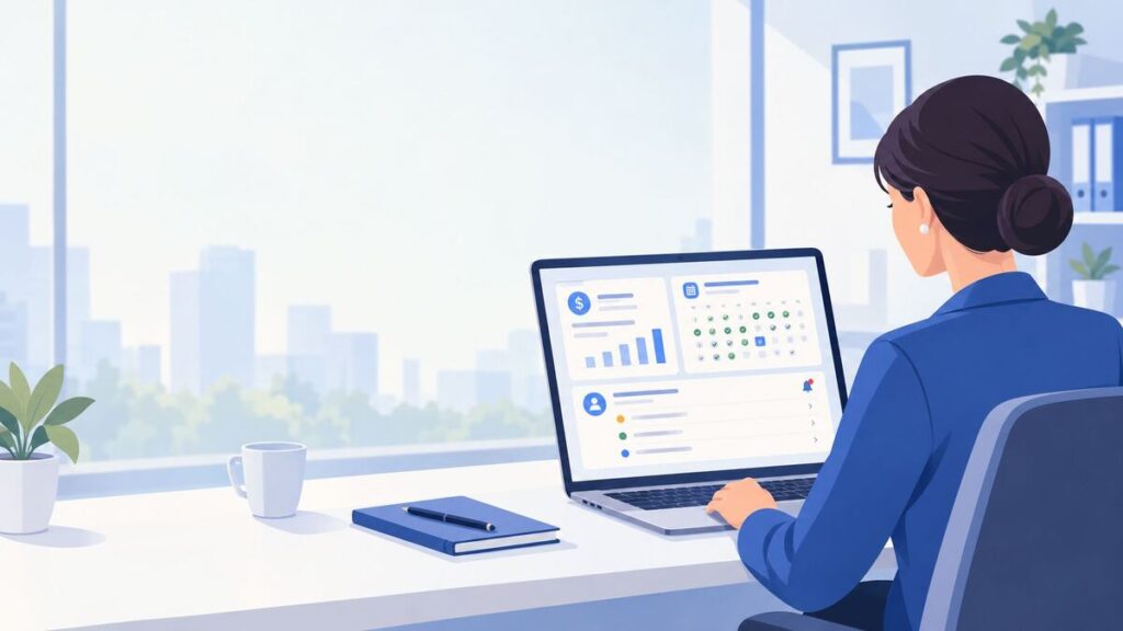HRMS Globex dashboard concept showing payroll, attendance, and leave on an HR manager's laptop