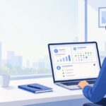 HRMS Globex dashboard concept showing payroll, attendance, and leave on an HR manager's laptop