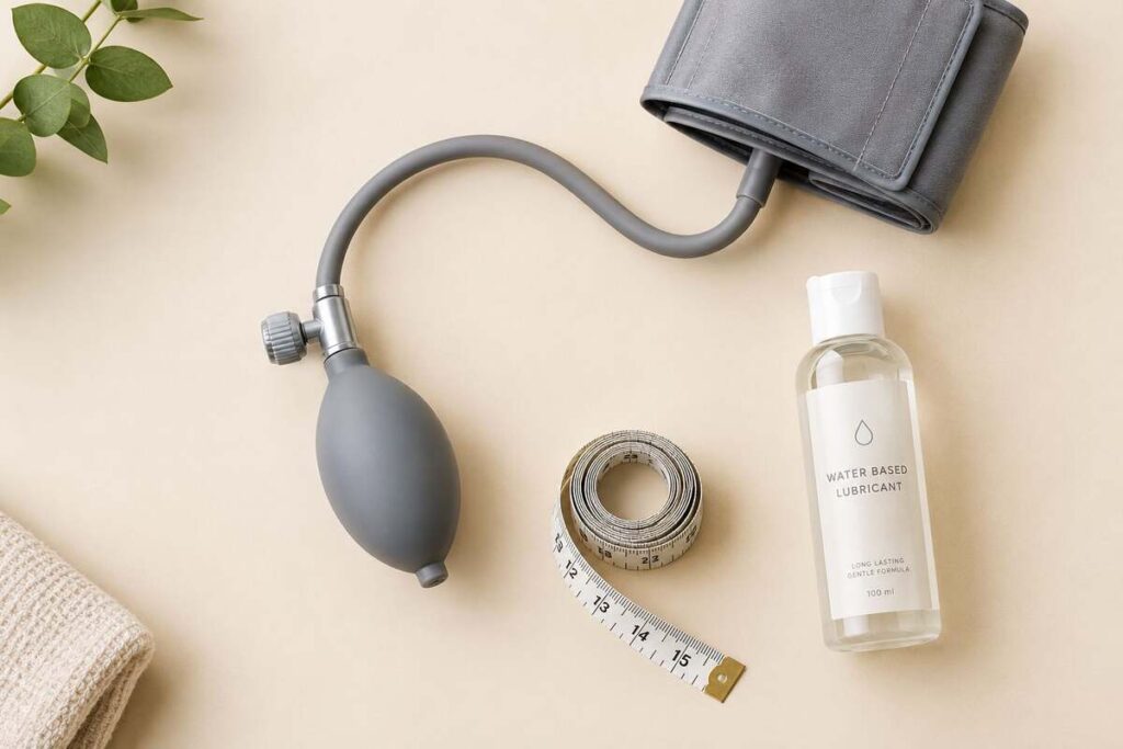 Inflatable dildo pump, tape measure, and water-based lubricant on a flat lay