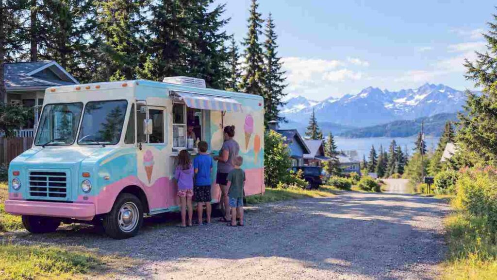 Family enjoying treats from the Jolly Rogers Taste of Paradise Ice Cream Truck Sterling AK on a gravel road"