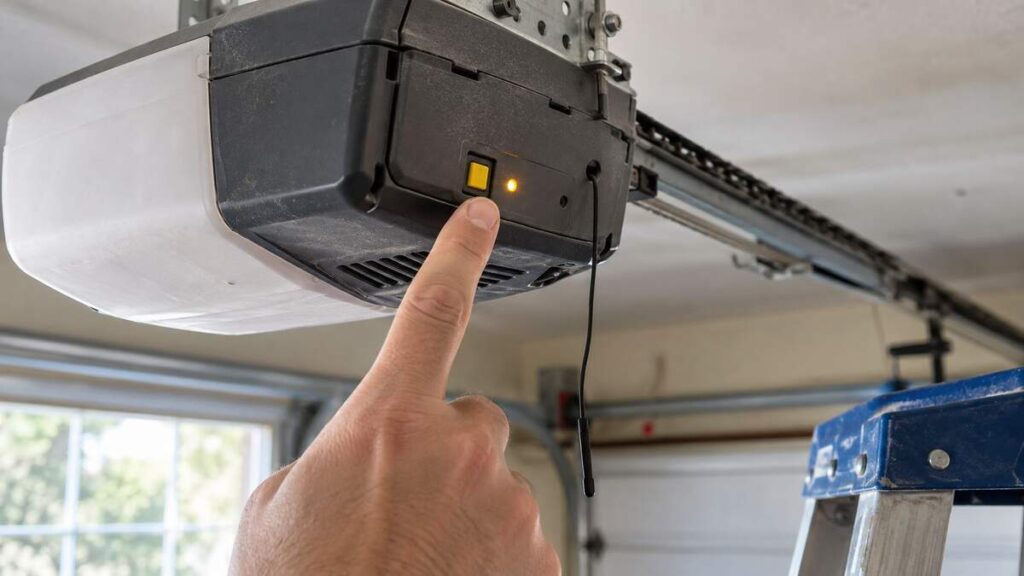 LiftMaster garage door opener learn button with glowing LED on the motor unit