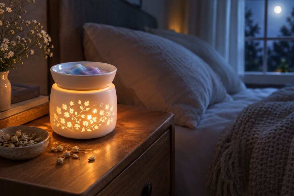 Moonlight wax melts glowing in a floral ceramic warmer on a nightstand