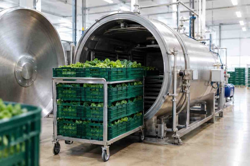 Vacooler loading crates of fresh leafy greens in a packhouse