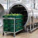 Vacooler loading crates of fresh leafy greens in a packhouse