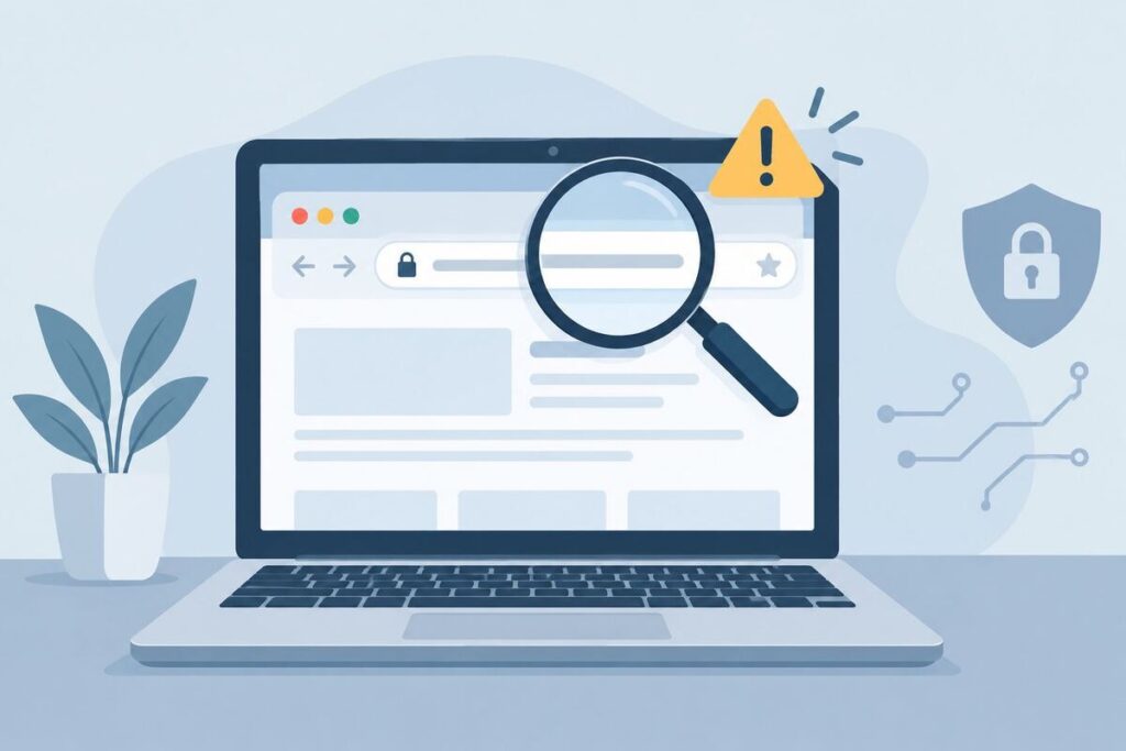 Voomixi com safety check — laptop browser examined with magnifying glass and warning icon