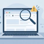 Voomixi com safety check — laptop browser examined with magnifying glass and warning icon